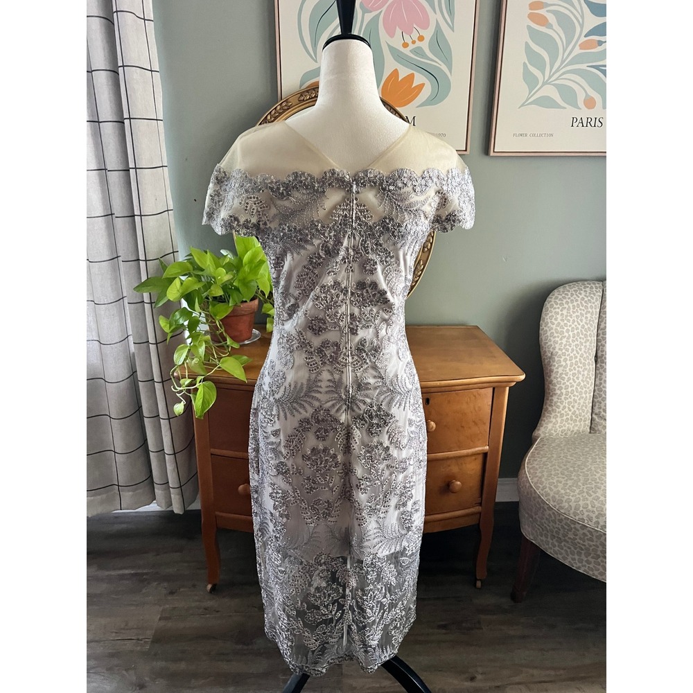 Tadashi Shoji Illusion Neck Metalic Embroidered Lace Sheath Dress Formal MOB - Picture 8 of 12